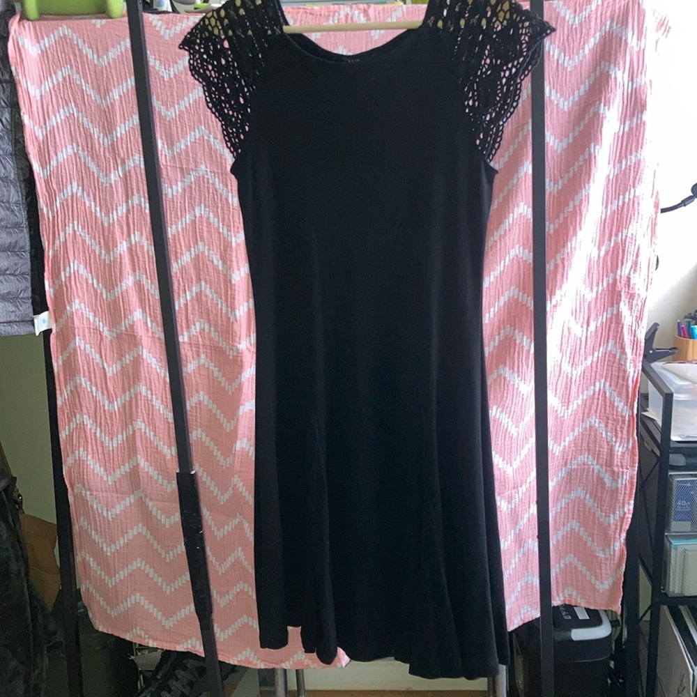Black t-shirt dress with lace cap sleeves